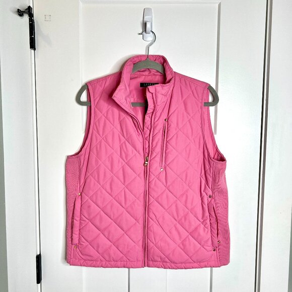 Lauren Ralph Lauren Pink Quilted Zip Puffer Vest Equestrian Preppy Classic Large - Picture 1 of 4